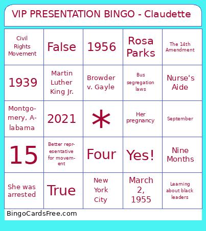 Claudette Bingo Cards Free Pdf Printable Game, Title: VIP PRESENTATION BINGO - Claudette