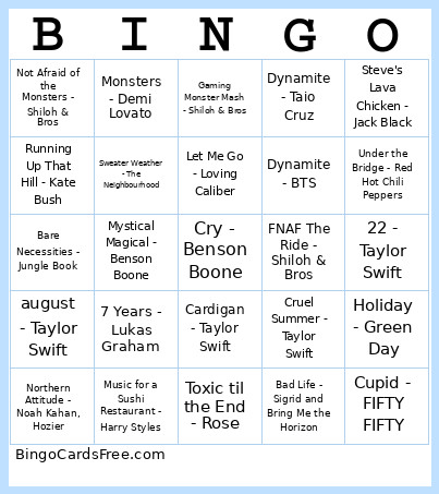 Viv's Musical Bingo Card