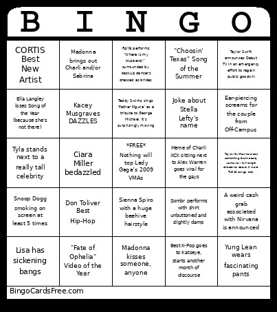 VMAs 2026 Bingo Card