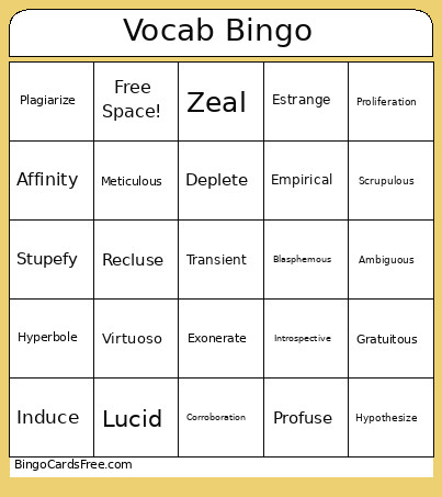 Vocab Bingo Card 2