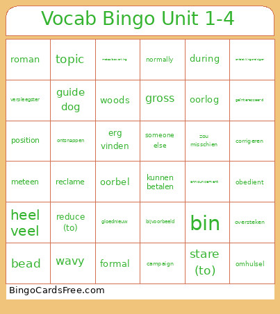 Vocab Unit 1-4 Bingo Card