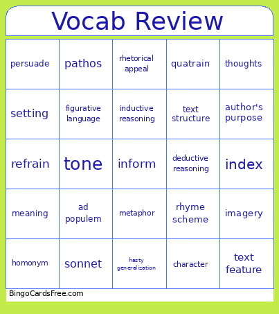 Vocab Review Bingo Card