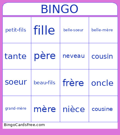 Vocabulaire Famille Bingo Card