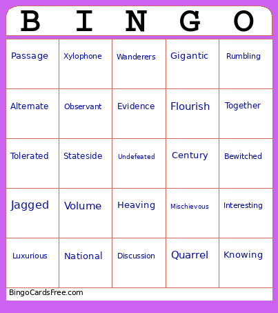 Vocabulary Bingo Card