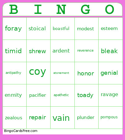 Vocabulary Bingo Card