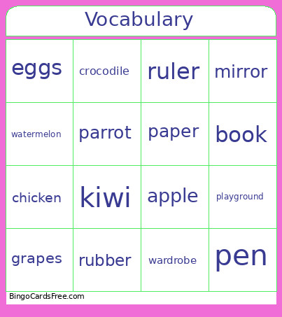 Vocabulary Bingo Card