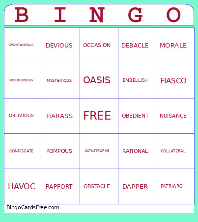Vocabulary Bingo Card