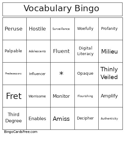 Vocabulary Bingo Card