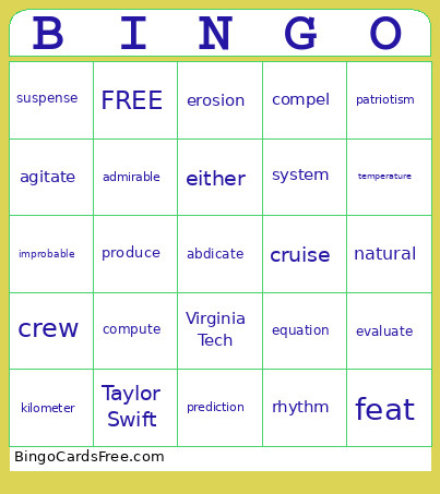 Vocabulary Words Bingo Card