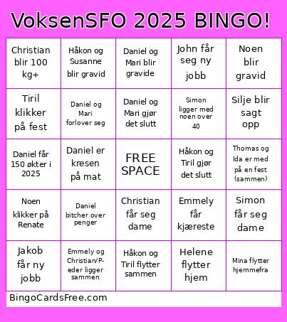 VOKSENSFO 2025 Bingo Cards Free Pdf Printable Game, Title: VoksenSFO 2025 BINGO!