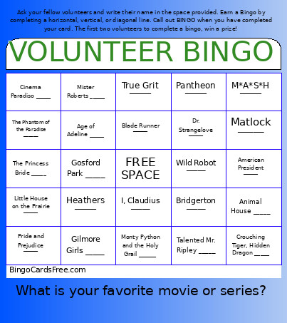 VOLUNTEER RECEPTION Bingo Card