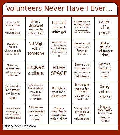 Volunteers Never Have I Ever… Bingo Card