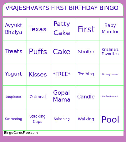 VRAJESHVARI'S FIRST BIRTHDAY Bingo Card