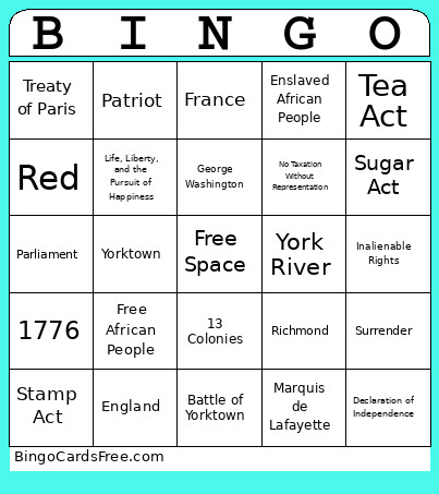 VS5 American Revolution Bingo Card
