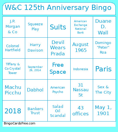 W&C 125th Anniversary Bingo Card
