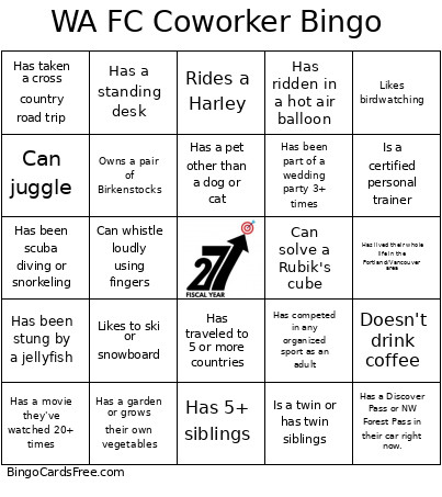 WA FC Coworker Bingo Card