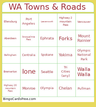 WA Towns & Roads Bingo Card