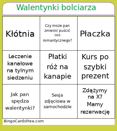 Walentynki Bolciarza Bingo Card