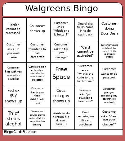 Walgreens Bingo Card 2