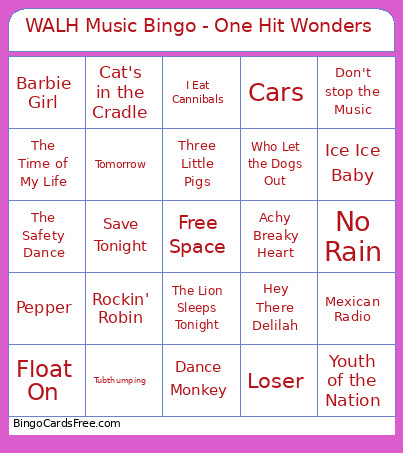 WALH Music - One Hit Wonders Bingo Card