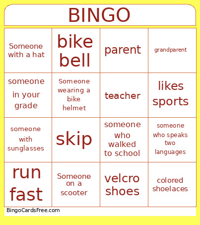 Walk And Roll Bingo Card