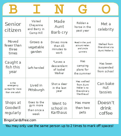 Walker Family Reunion Bingo Card