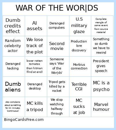War Of The Wor|ds Bingo Card
