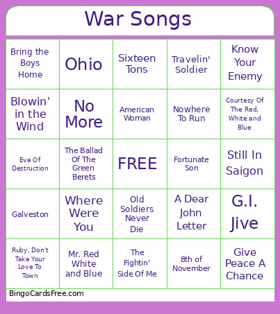 War Songs Bingo Card