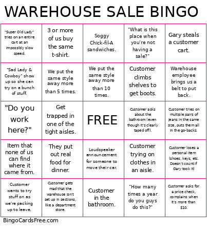 Warehouse Sale Bingo Card