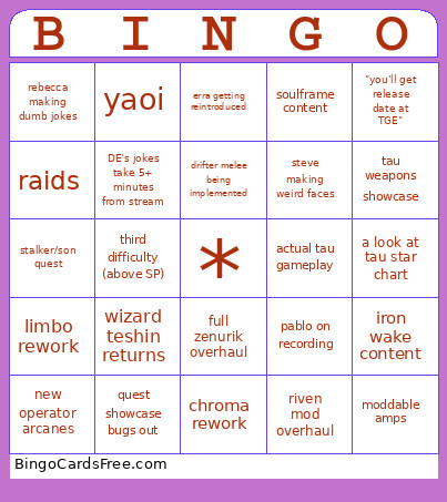 Warframe Bingo Card