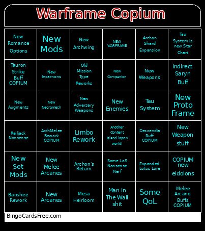 Warframe Copium Bingo Card