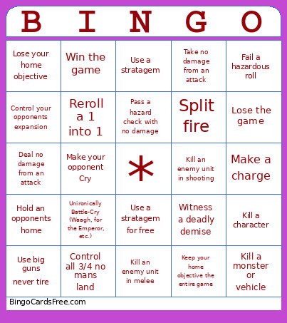 Warhammer Bingo Card