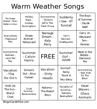 Warm Weather Songs Bingo Card