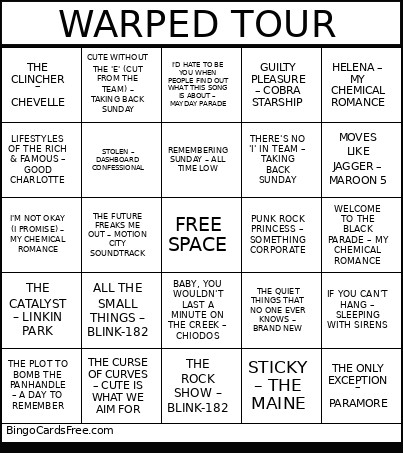 WARPED TOUR Bingo Card