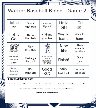 Warrior Baseball - Game 2 Bingo Card