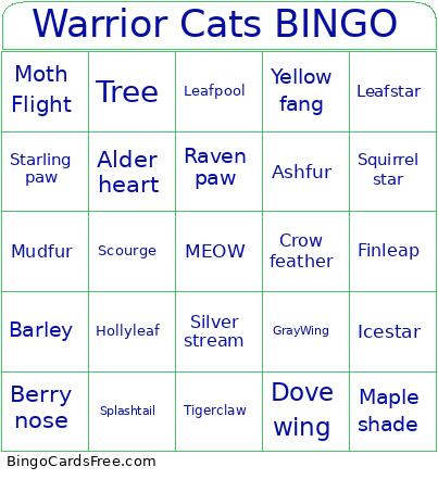 Warrior Cats Bingo Cards Free Pdf Printable Game, Title: Warrior Cats BINGO