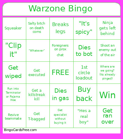 Warzone Bingo Card