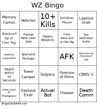 Warzone Bingo Card