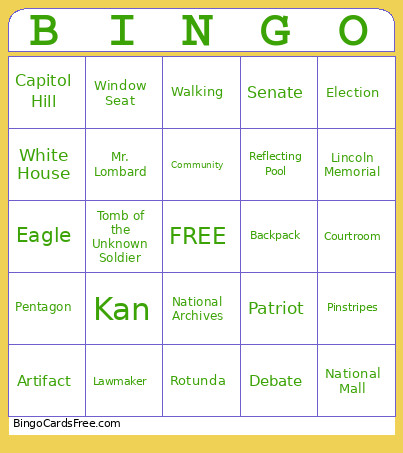 Washington DC Field Trip Bingo Card