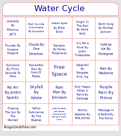 Water Cycle Music Bingo Card