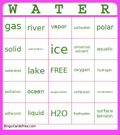 Water Lesson Bingo Card