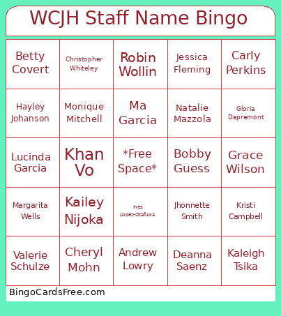 WCJH Staff Name Bingo Card