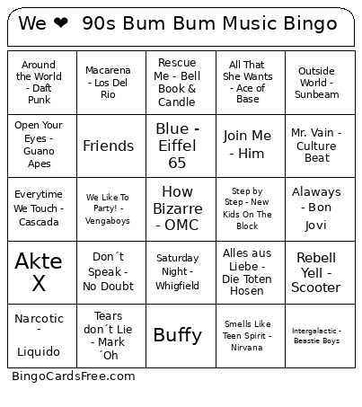 We ❤️ 90s Bum Bum Music Bingo Card