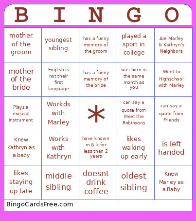 Wedding Bingo Card