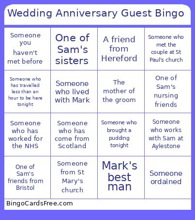 Wedding Anniversary Guest Bingo Card