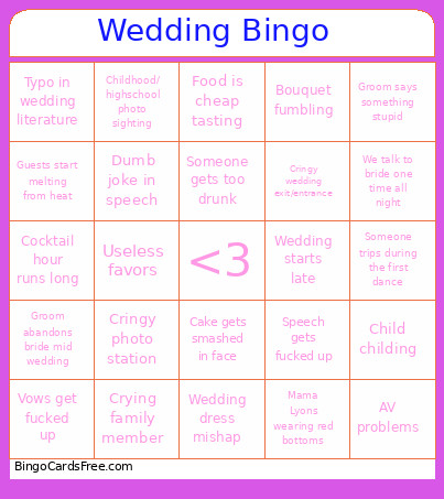 Wedding Bingo Card
