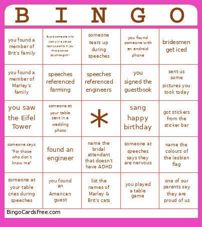 Wedding Bingo Card