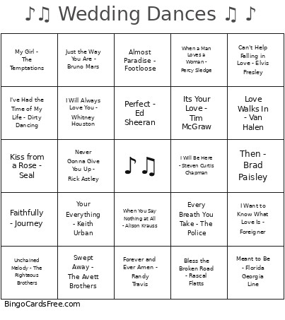 Wedding Dances Song And Artist Bingo Card