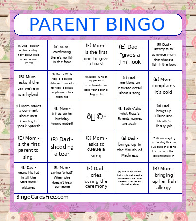 Wedding Day Parent Bingo Card
