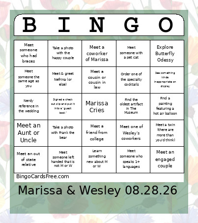 Wedding Guest Bingo Card